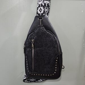 Westen Black Tooled Floral Sling Bag With Patterned Strap
